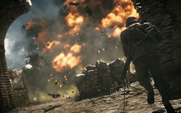 A soldier engages in battle amidst an explosion in this intense Battlefield 1 scene, showcasing stunning 4K Ultra HD graphics for a captivating desktop wallpaper.