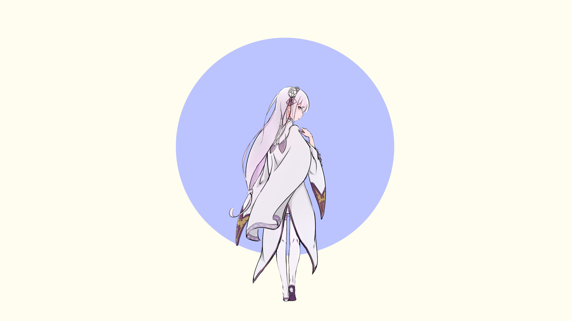 HD wallpaper featuring Emilia from *Re:ZERO - Starting Life in Another World*, depicted gracefully from behind against a soft lavender circle background.