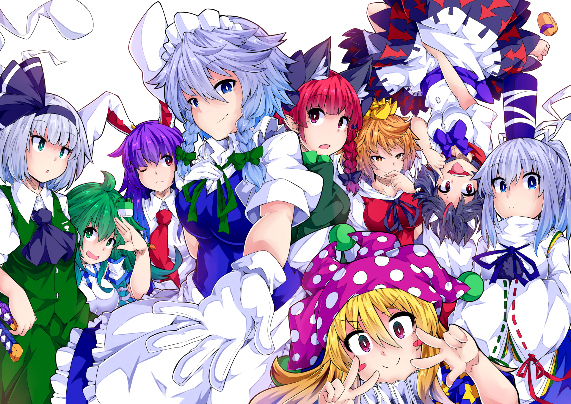 HD PC desktop wallpaper featuring vibrant anime characters from Touhou, including Shou Toramaru, Reisen Udongein Inaba, Myon, Mononobe No Futo, Youmu Konpaku, Sanae Kochiya, Seija Kijin, Rin Kaenbyou, Sakuya Izayoi, and Clownpiece.