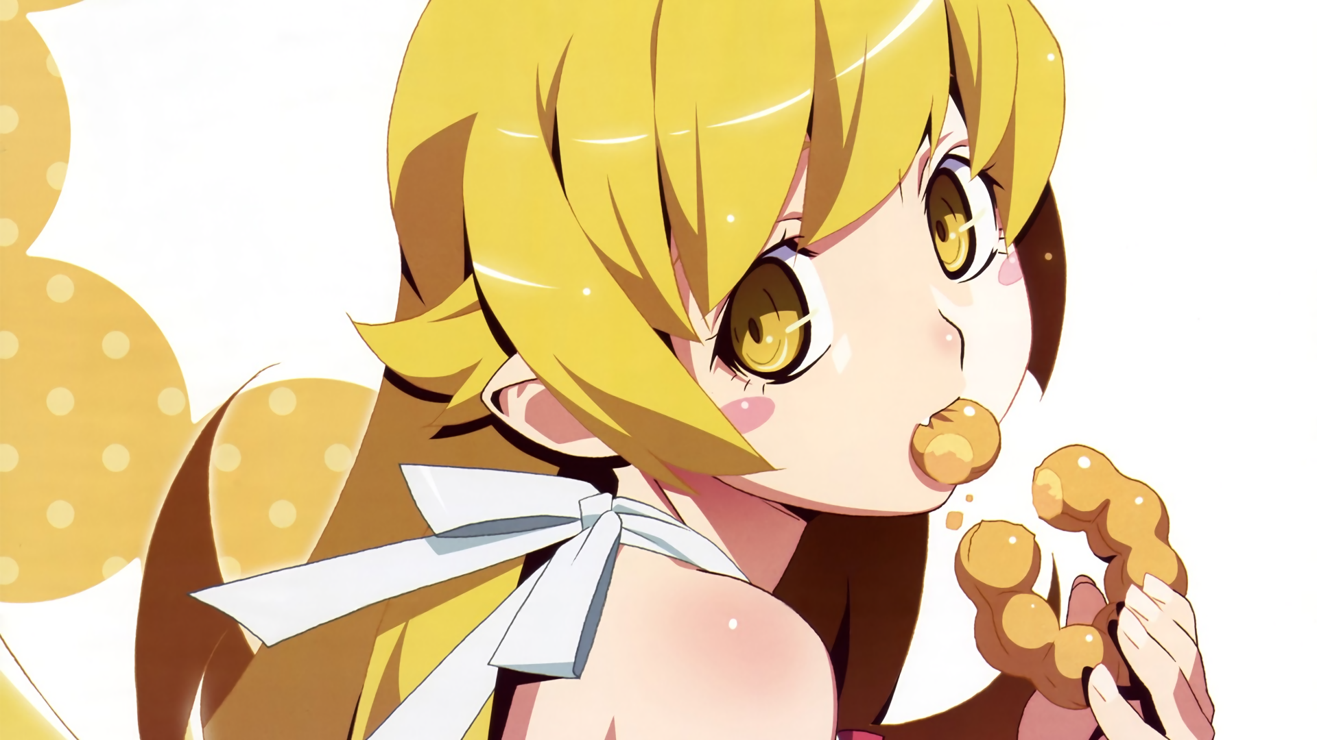 Shinobu Oshino (Monogatari series), anime portrait of a blonde, golden-eyed girl nibbling a donut — vibrant 4K Ultra HD PC desktop wallpaper/background.