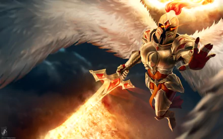 An angel warrior clad in shining armor wields a glowing sword, soaring through the skies, depicted as Kayle from League of Legends in this stunning 4K Ultra HD wallpaper.