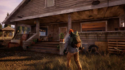 4K Ultra HD PC wallpaper from the video game State of Decay 2 showing a character with a backpack approaching a weathered wooden house.