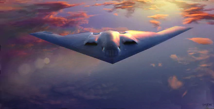 A Northrop Grumman B-2 Spirit stealth bomber glides through a colorful sky, showcasing its unique design as a formidable military aircraft. HD wallpaper for desktop backgrounds.