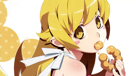 Shinobu Oshino (Monogatari series), anime portrait of a blonde, golden-eyed girl nibbling a donut — vibrant 4K Ultra HD PC desktop wallpaper/background.