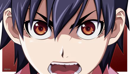HD PC desktop wallpaper/background: close-up of Suruga Kanbaru (Monogatari series), anime portrait with dark hair, intense brown eyes and a shouting expression.
