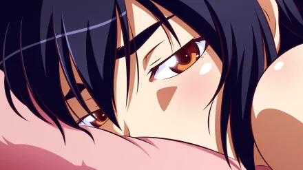 Close-up of Suruga Kanbaru from the Monogatari series in an 8K Ultra HD anime wallpaper, featuring detailed brown eyes and dark hair.