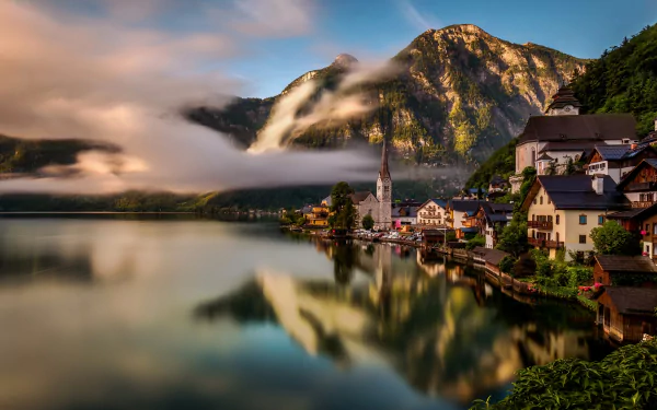 reflection house mountain lake Austria man made Hallstatt HD Desktop Wallpaper | Background Image