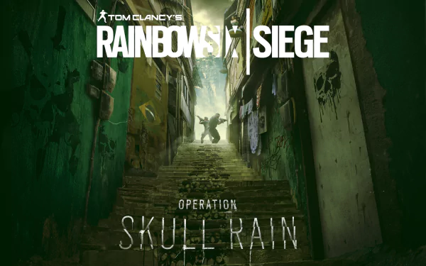 HD desktop wallpaper featuring Tom Clancy's Rainbow Six: Siege Operation Skull Rain, depicting a character on a weathered staircase in an atmospheric, graffiti-filled urban setting.
