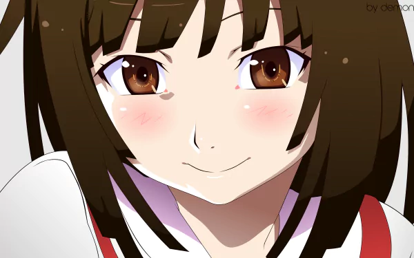 Close-up of Nadeko Sengoku from Monogatari, smiling with brown eyes and rosy cheeks — 4K Ultra HD anime PC desktop wallpaper/background.