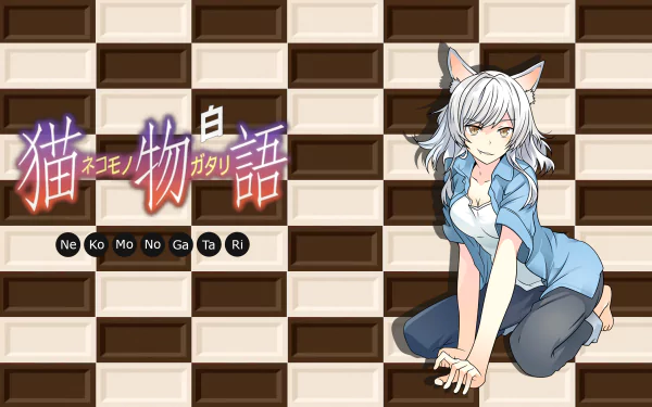 4K Ultra HD anime wallpaper featuring Black Hanekawa (Tsubasa Hanekawa) from the Monogatari series against a stylized checkered background.