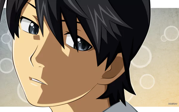 Close-up of Koyomi Araragi from the Monogatari series: anime portrait with dark hair and reflective eyes on a soft, bubble-patterned beige background, HD desktop wallpaper.