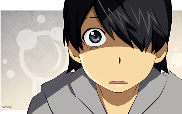 HD PC desktop wallpaper: close-up anime portrait of Koyomi Araragi (Monogatari series), wide-eyed, dark hair obscuring one eye, simple pale background with soft circular accents.