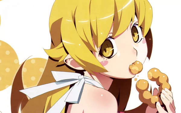 Shinobu Oshino (Monogatari series), anime portrait of a blonde, golden-eyed girl nibbling a donut — vibrant 4K Ultra HD PC desktop wallpaper/background.