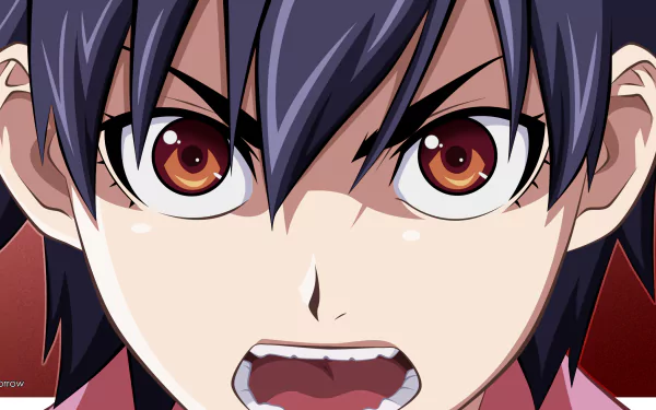 HD PC desktop wallpaper/background: close-up of Suruga Kanbaru (Monogatari series), anime portrait with dark hair, intense brown eyes and a shouting expression.