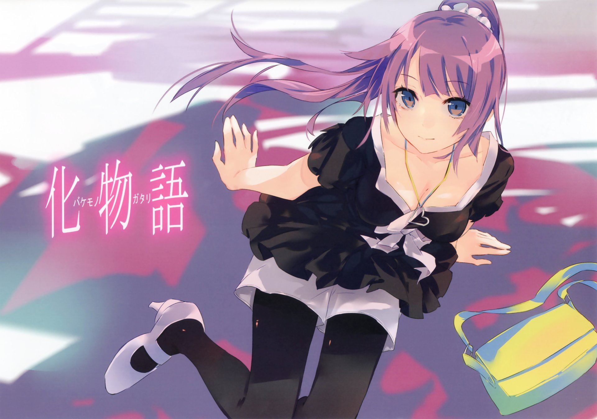 Colorful HD wallpaper featuring Hitagi Senjōgahara from the Monogatari series, depicting her in a stylish outfit with flowing hair against a vibrant background.