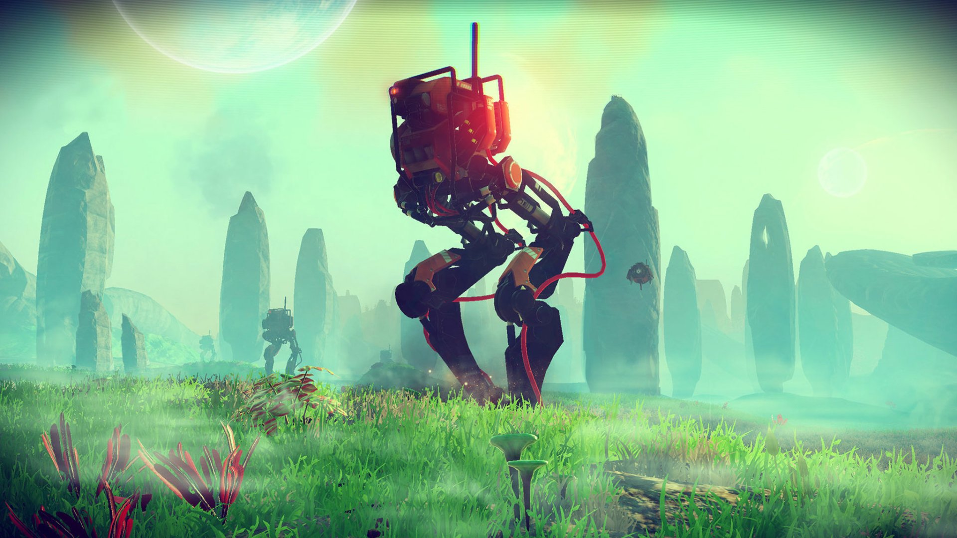 No Man's Sky video game HD PC desktop wallpaper: a red bipedal walker on an alien grassy plain with towering monoliths and a pale planet in a misty teal sky.