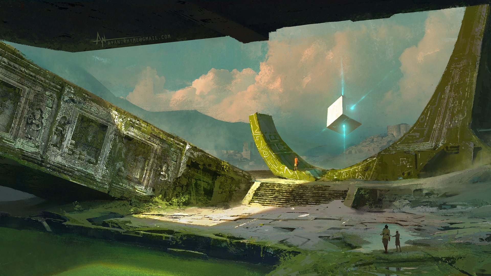 A fantasy HD PC desktop wallpaper depicting two people standing amidst ancient ruins with a glowing cube floating above, under a dramatic sky.