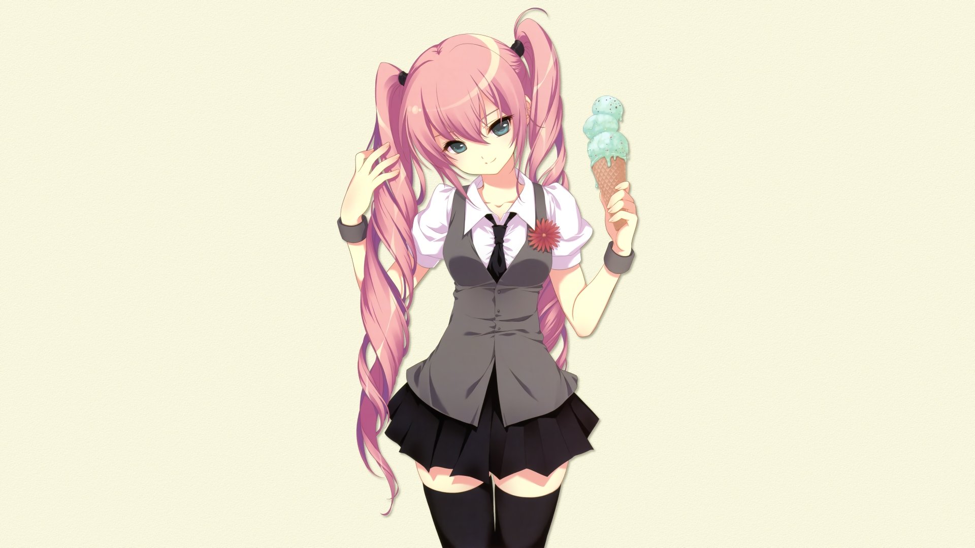 Anime-style Sakura Miku from Vocaloid with pink twin tails, wearing a vest and skirt, holding an ice cream, set against a light background in 4K Ultra HD detail.