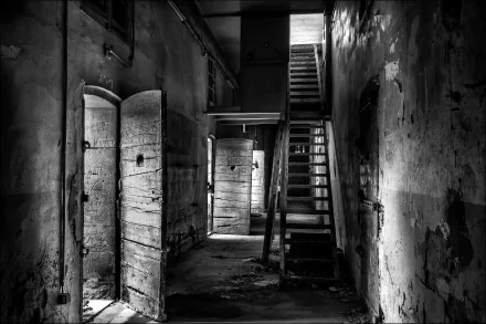 A stark, black and white image capturing the haunting remains of a prison corridor, showcasing an aged staircase and open cell doors amidst a decaying man-made structure.