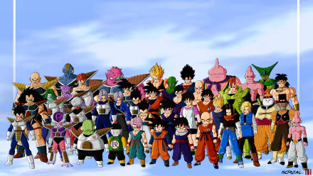 HD desktop wallpaper featuring characters from Dragon Ball Z, including Android 18, Android 17, Trunks, Gohan, Majin Buu, and Goku, gathered in a dynamic group scene against a blue sky background.
