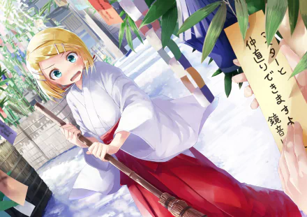 HD PC desktop wallpaper featuring Rin Kagamine from Vocaloid in an anime style, dressed in traditional attire while sweeping outdoors surrounded by greenery and hanging signs.