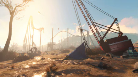 HD PC desktop wallpaper from Fallout 4: Nuka-World depicting a post-apocalyptic amusement park with a crane and roller coaster under a hazy sky.