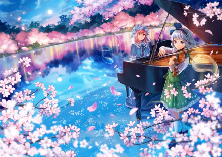 A vibrant HD desktop wallpaper featuring Yuyuko Saigyouji and Youmu Konpaku from Touhou, set against a serene backdrop of cherry blossoms and a reflective water surface.