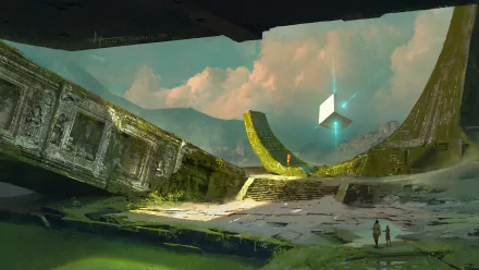 A fantasy HD PC desktop wallpaper depicting two people standing amidst ancient ruins with a glowing cube floating above, under a dramatic sky.