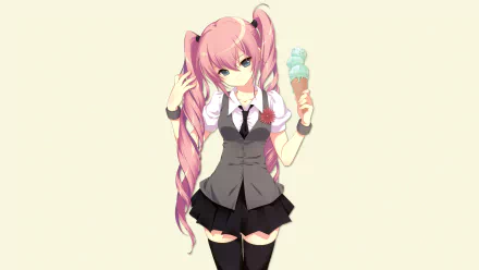 Anime-style Sakura Miku from Vocaloid with pink twin tails, wearing a vest and skirt, holding an ice cream, set against a light background in 4K Ultra HD detail.