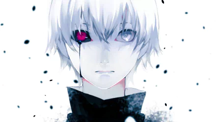 Anime character Ken Kaneki from Tokyo Ghoul with white hair, tears, and heterochromia in an HD desktop wallpaper and background.