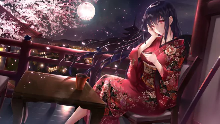 Anime girl with long hair in a floral kimono under cherry blossoms at night, sitting on a balcony with a full moon in the background. HD desktop wallpaper.