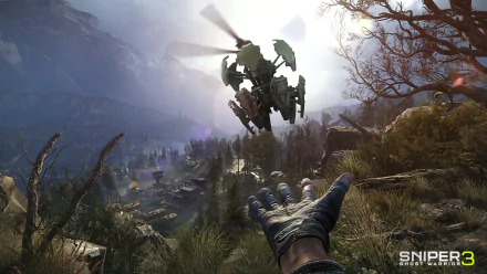 A dramatic HD wallpaper from the video game Sniper: Ghost Warrior 3 showcases a character’s hand reaching out as a drone hovers above a rugged landscape.