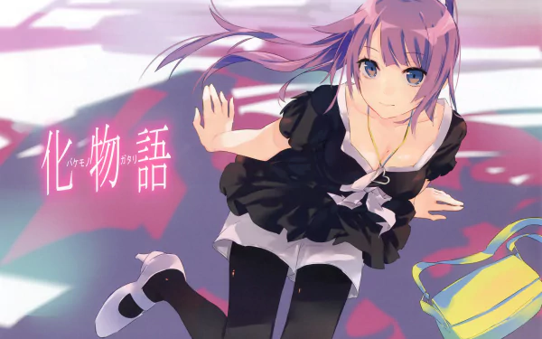 Colorful HD wallpaper featuring Hitagi Senjōgahara from the Monogatari series, depicting her in a stylish outfit with flowing hair against a vibrant background.