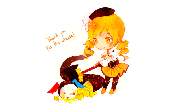 Chibi Mami Tomoe offering candy to the witch Charlotte in a bright, orange-toned scene — 4K Ultra HD anime PC desktop wallpaper from Puella Magi Madoka Magica.