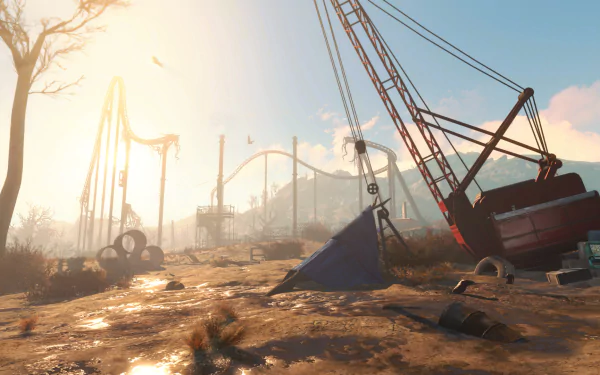 HD PC desktop wallpaper from Fallout 4: Nuka-World depicting a post-apocalyptic amusement park with a crane and roller coaster under a hazy sky.