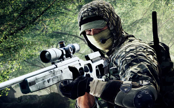 A soldier clad in camouflage grips a sniper rifle, poised for action in a lush forest setting, showcasing intense gameplay from Battlefield 4. HD desktop wallpaper.