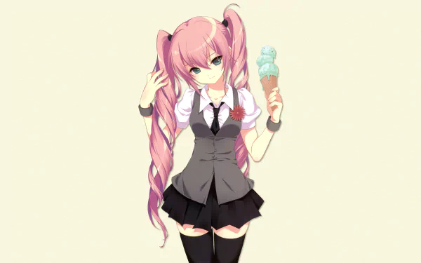 Anime-style Sakura Miku from Vocaloid with pink twin tails, wearing a vest and skirt, holding an ice cream, set against a light background in 4K Ultra HD detail.