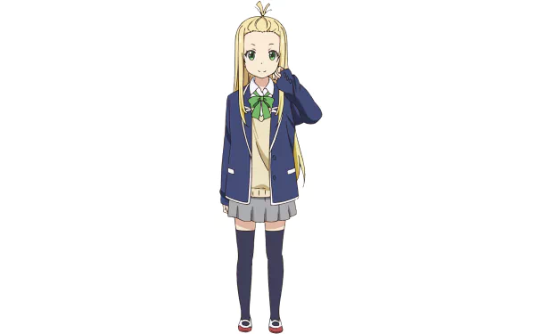 A character from Kono Bijutsubu ni wa Mondai ga Aru! stands in a school uniform, featuring long blonde hair and a friendly smile, designed as an HD desktop wallpaper.