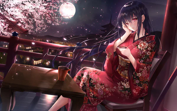 Anime girl with long hair in a floral kimono under cherry blossoms at night, sitting on a balcony with a full moon in the background. HD desktop wallpaper.