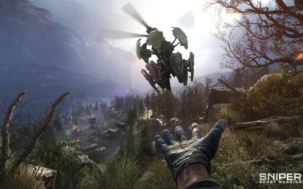 A dramatic HD wallpaper from the video game Sniper: Ghost Warrior 3 showcases a character’s hand reaching out as a drone hovers above a rugged landscape.