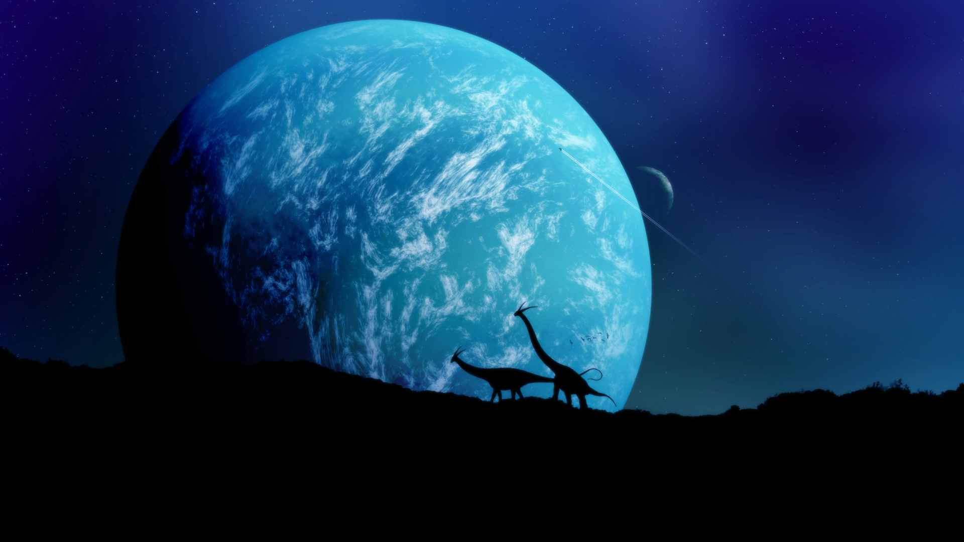 HD PC desktop wallpaper from the video game No Man's Sky, featuring a large blue planet and silhouetted animals against a starry night sky.