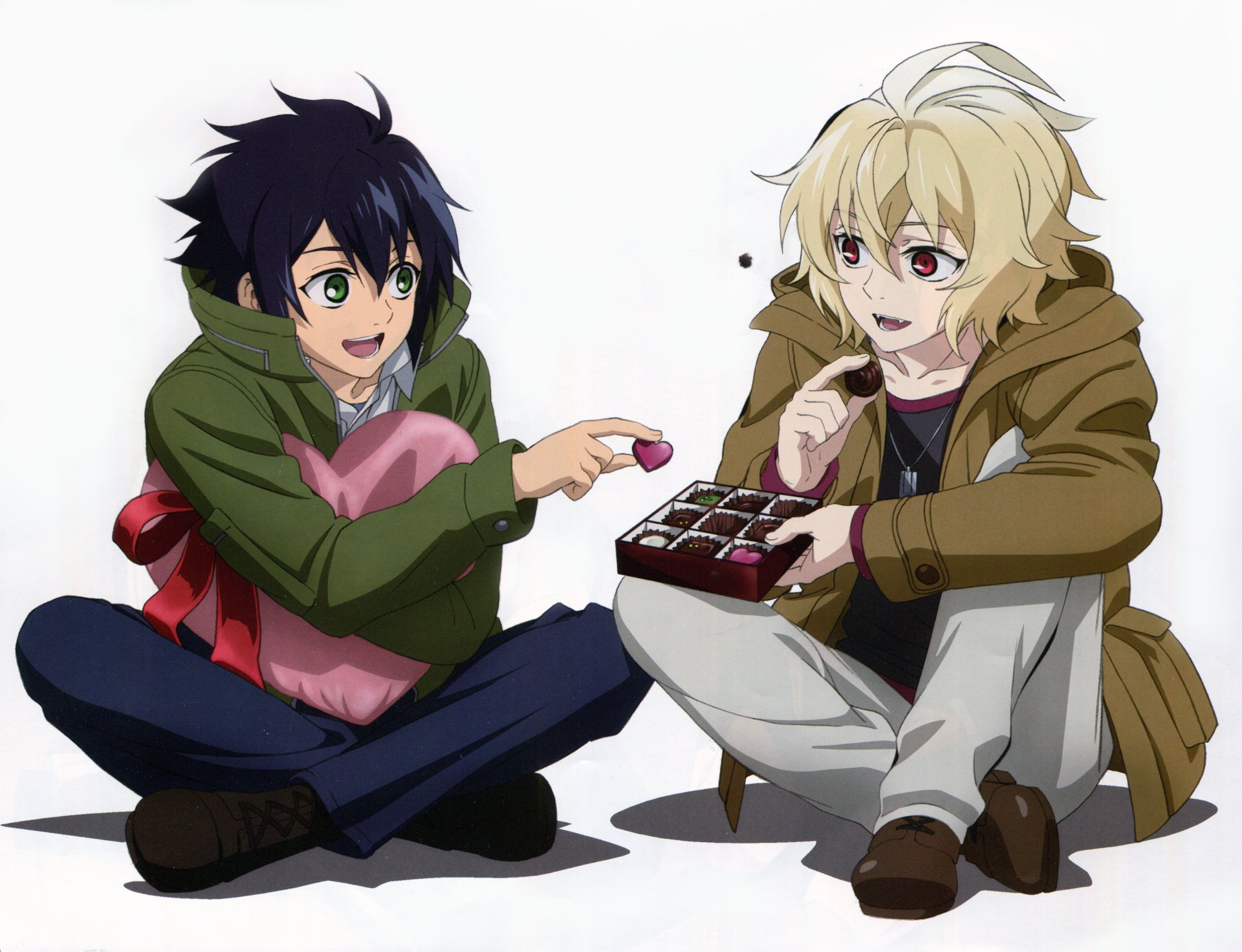 Mikaela and Yūichirō Hyakuya from the anime Seraph of the End share a lighthearted moment, sitting on the floor with chocolates, depicted in vibrant 4K Ultra HD quality.