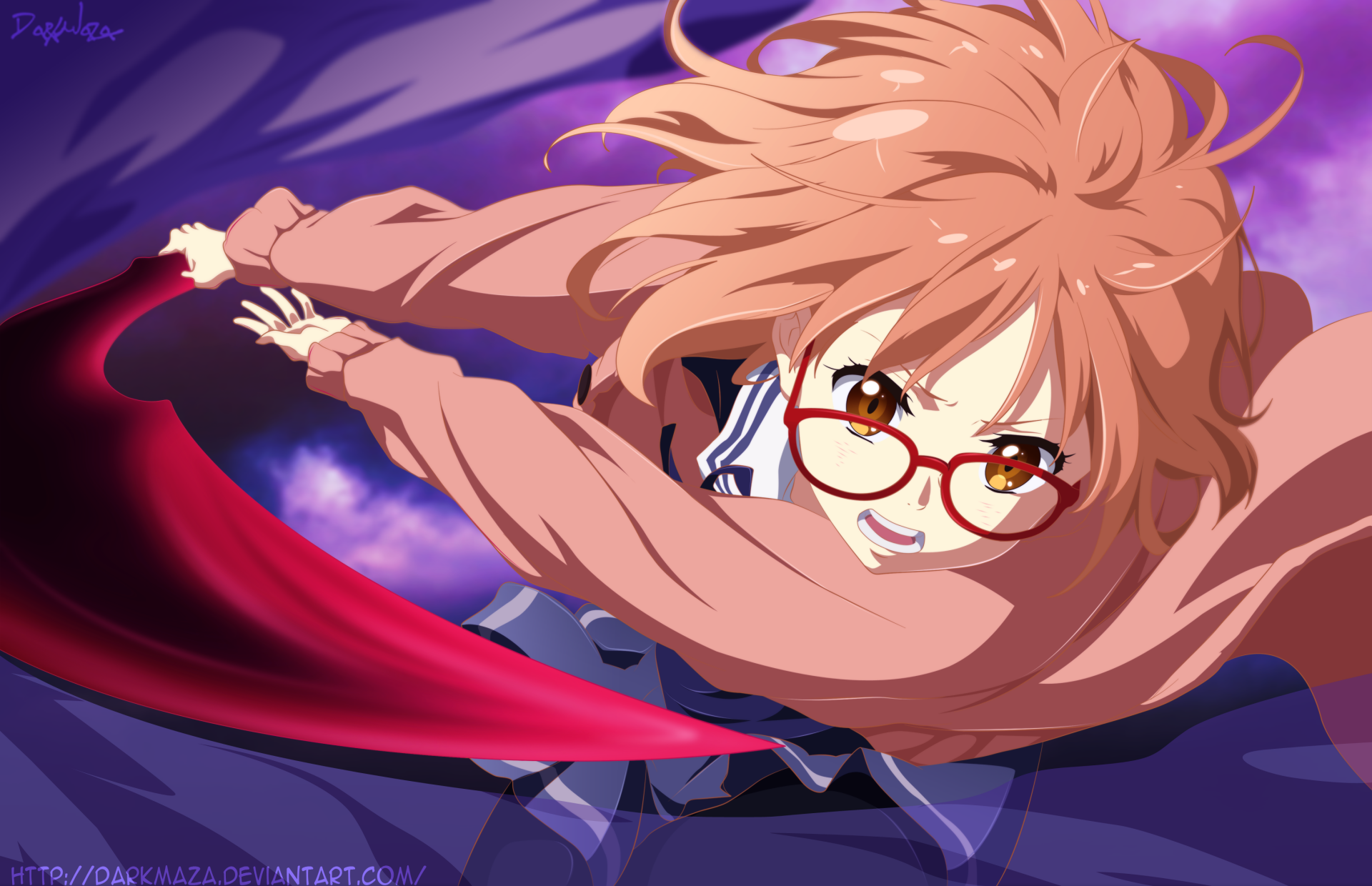 Anime character Mirai Kuriyama from Beyond the Boundary is depicted in dynamic action, with her hair and scarf flowing as she prepares for an adventure in this vibrant HD wallpaper.