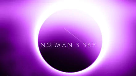 No Man's Sky HD PC desktop wallpaper: glowing purple ringed planet with a lone starship silhouette and the game's title centered.