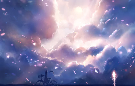 A breathtaking anime scene features a figure with a bicycle gazing at a stunning sky filled with vibrant clouds and scattered petals, creating a serene HD desktop wallpaper.