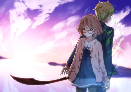 Two characters from the anime Beyond the Boundary, Akihito Kanbara and Mirai Kuriyama, pose against a vibrant sky, creating an engaging HD desktop wallpaper.