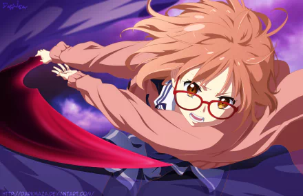 Anime character Mirai Kuriyama from Beyond the Boundary is depicted in dynamic action, with her hair and scarf flowing as she prepares for an adventure in this vibrant HD wallpaper.