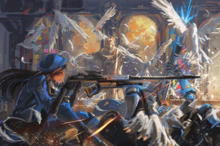 High-definition wallpaper featuring Ana from Overwatch, showcasing her in a dynamic scene with feathers and an intense background from the video game.