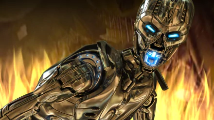 A dynamic HD desktop wallpaper featuring a robotic character from Terminator 3: Rise of the Machines, with glowing blue eyes against a fiery backdrop.