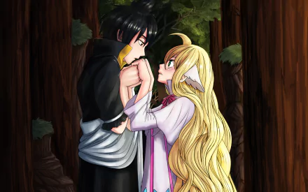 HD wallpaper featuring Mavis Vermilion and Zeref Dragneel from the anime Fairy Tail, standing in a forest and holding hands while gazing into each other's eyes.